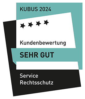 Kubus Siegel: 4 Sterne in der Kategorie Service Rechtsschutz. Bewertung: Sehr gut